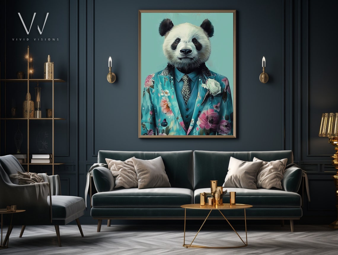 Panda Portrait Teal Floral Suit Patterned Tie Rose Boutonniere Poster - Image 3