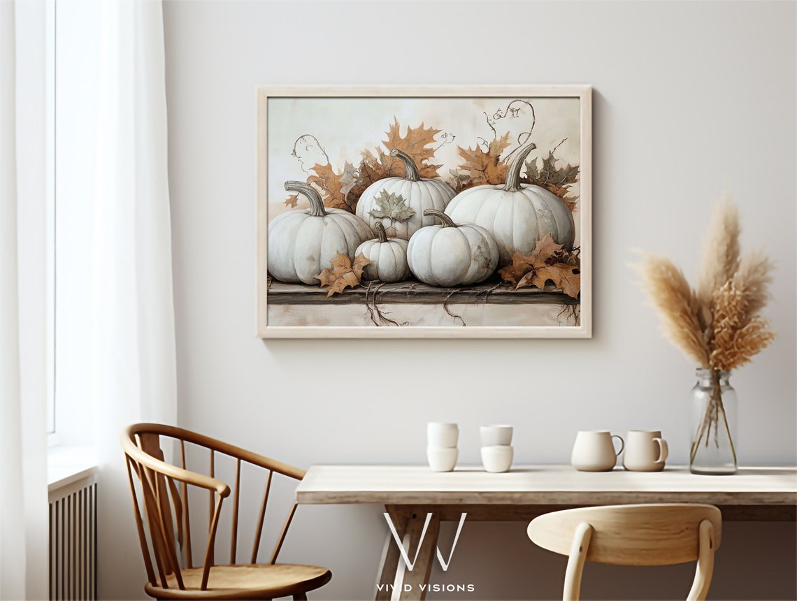 White Pumpkin Still Life with Autumn Leaves Rustic Fall Harvest Poster - Image 4