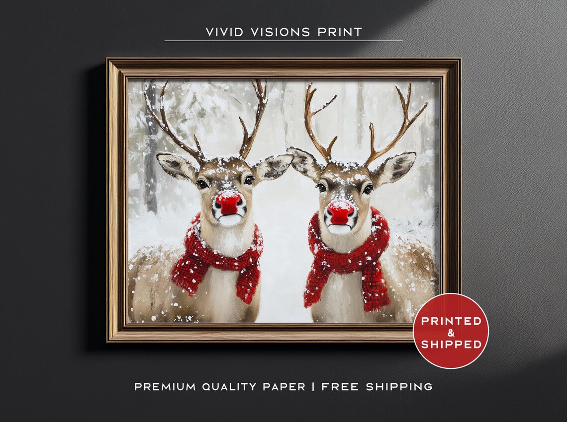 Two Reindeer with Red Noses and Scarves in Snow Christmas Poster