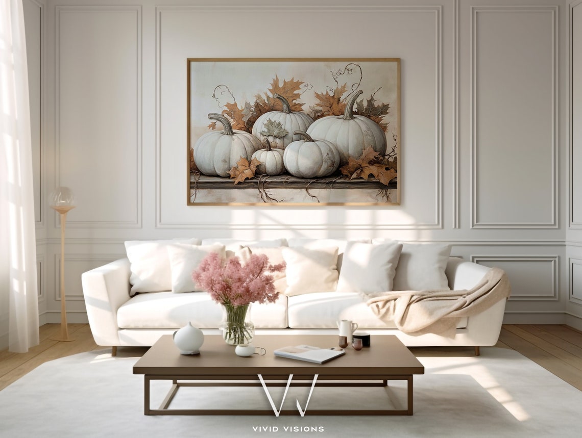 White Pumpkin Still Life with Autumn Leaves Rustic Fall Harvest Poster - Image 3