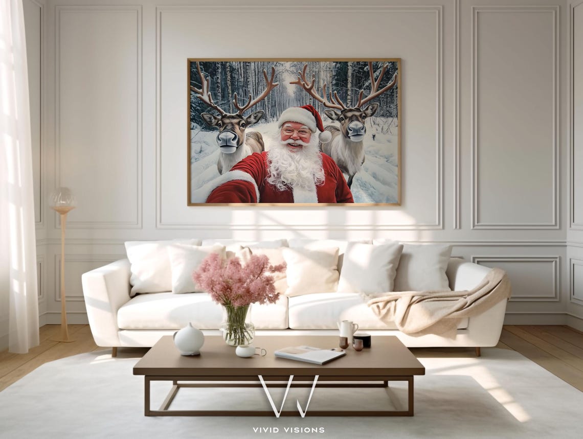 Santa Taking A Selfie With Reindeer Poster Funny Christmas Winter Art - Image 4