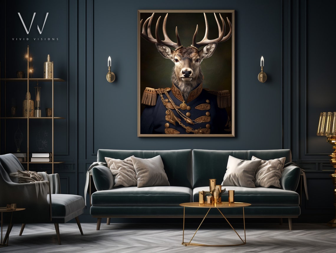 Victorian Stag Deer Portrait In Navy Military Uniform Poster - Image 3