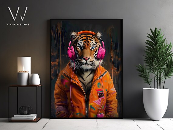 Tiger with Pink Headphones Orange Jacket Music Animal Portrait Poster