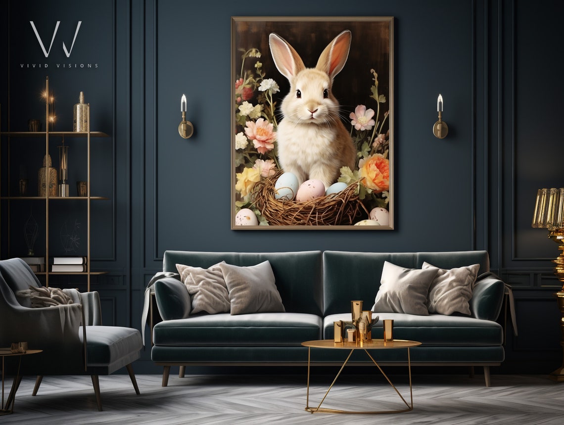 White Bunny Nest Easter Eggs Floral Dark Background Spring Poster - Image 3