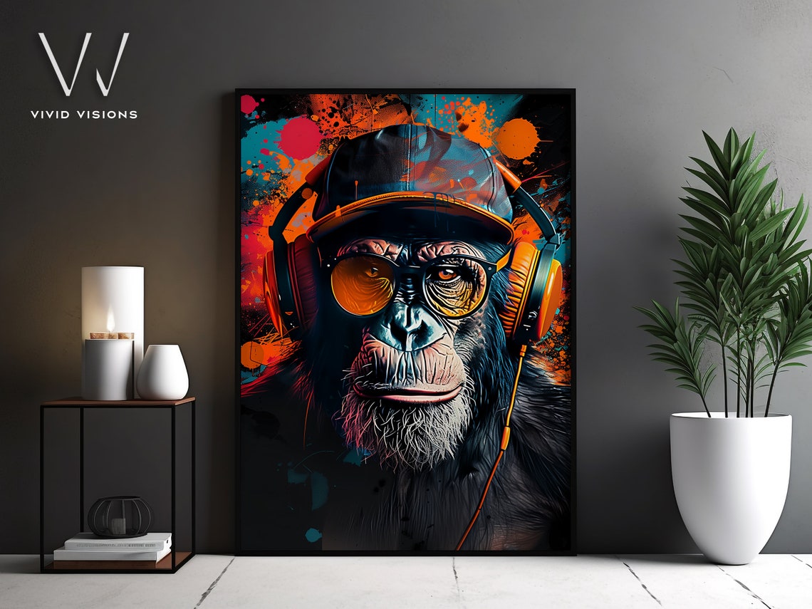 Chimpanzee DJ Headphones Cap Graffiti Splash Music Animal Poster