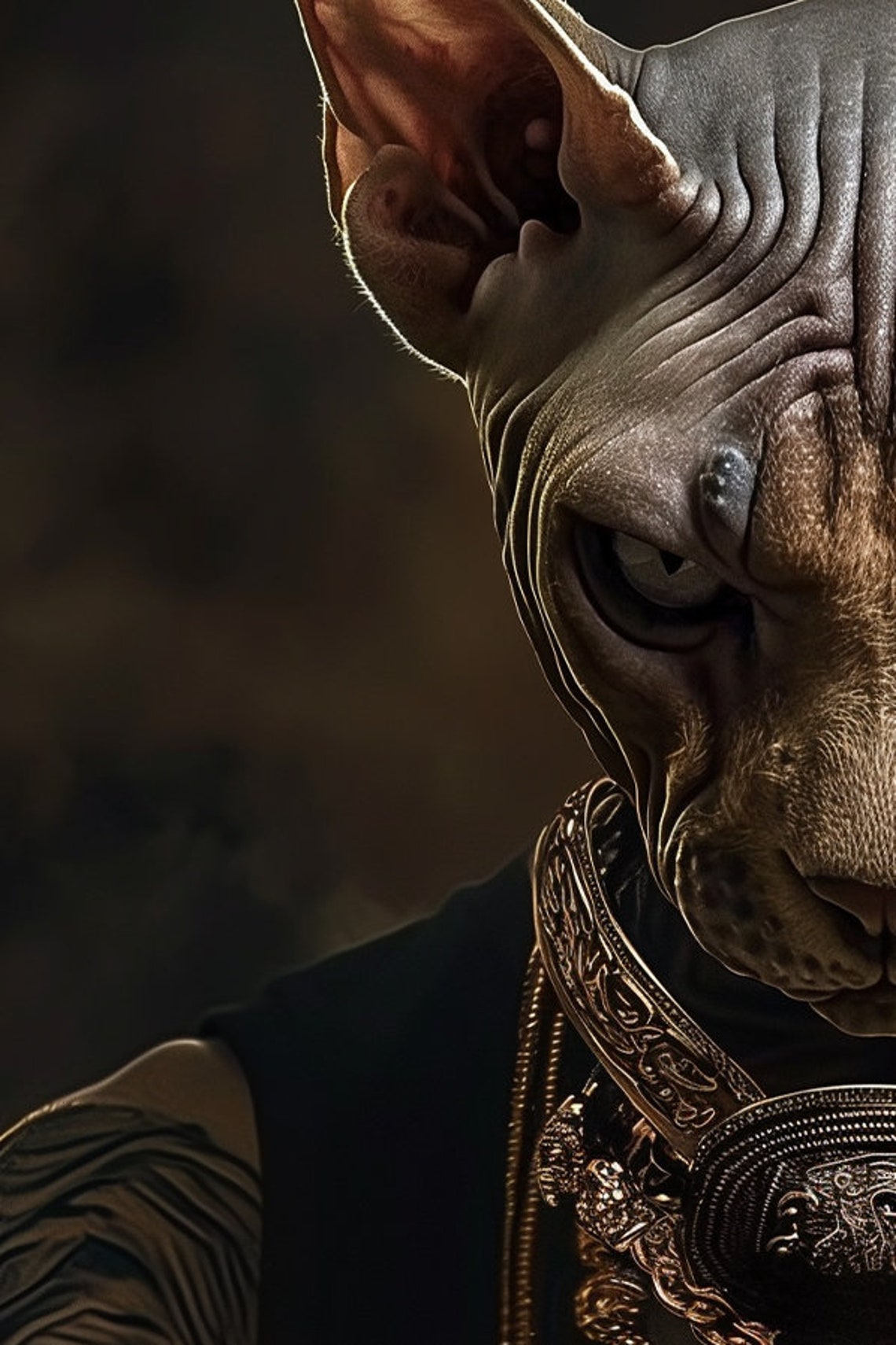 Sphynx Cat with Gold Chains Tattoos Hip Hop Rapper Pet Portrait Poster - Image 2