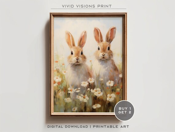 Two Tan Bunnies Daisy Field White Blooms Vintage Spring Poster