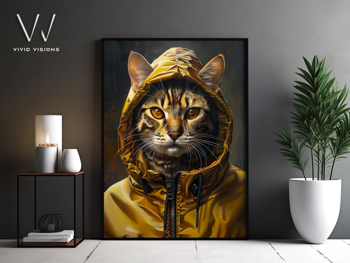 Modern Cat Portrait Stylish Animal Art Trendy Cat In Yellow Hoodie Contemporary Wall Art Vintage Style Poster Unframed Art 1326