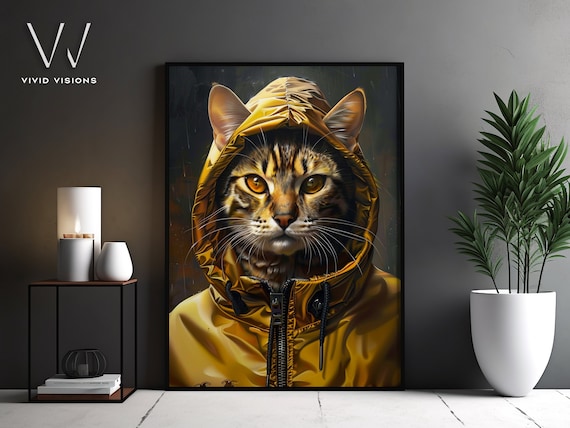 Tabby Cat in Yellow Hooded Rain Jacket Bold Modern Art Poster