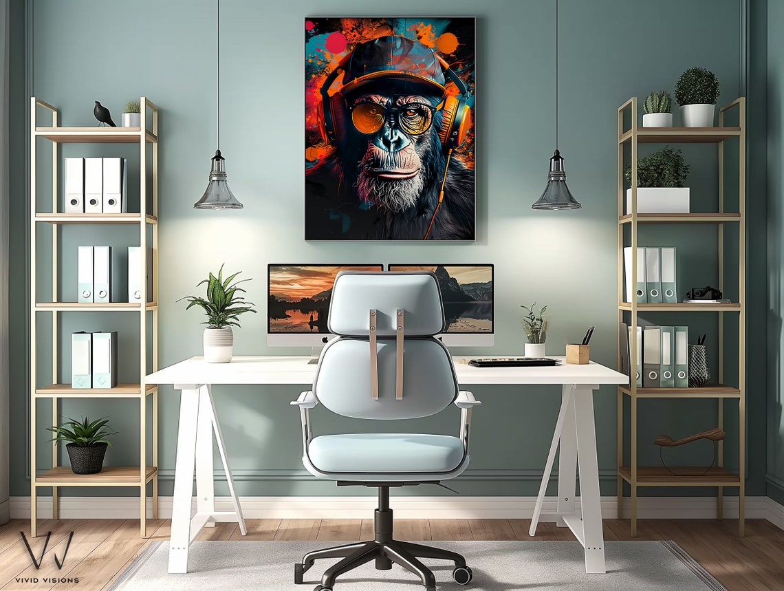 Chimpanzee DJ Headphones Cap Graffiti Splash Music Animal Poster - Image 3