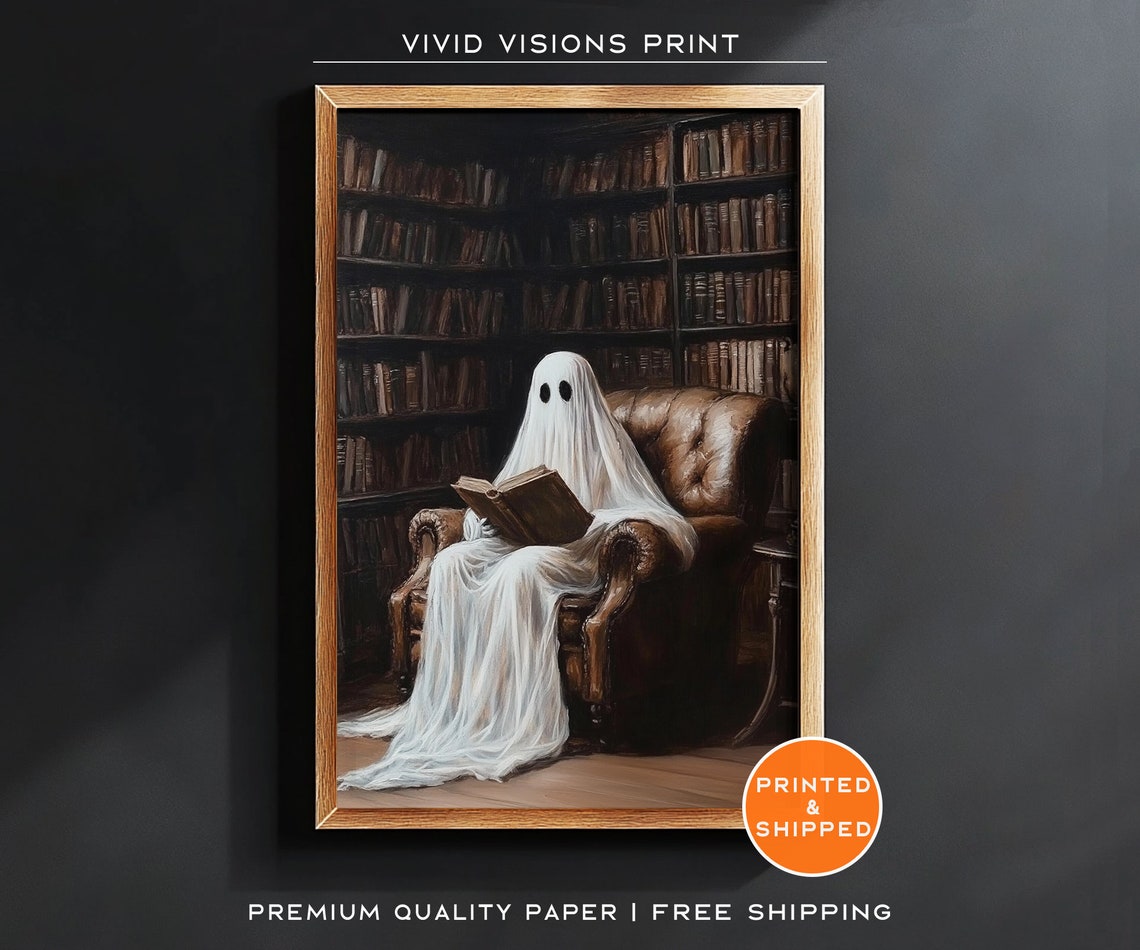 Bookish Ghost Reading In A Cozy Library Poster Vintage Dark Academia