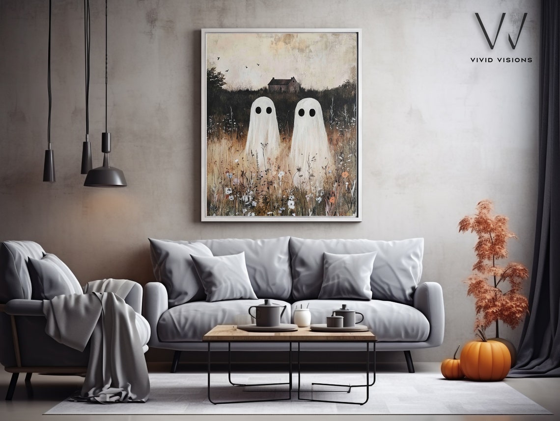 Ghost Pair In A Wildflower Field Poster Rustic Autumn Halloween Decor - Image 3