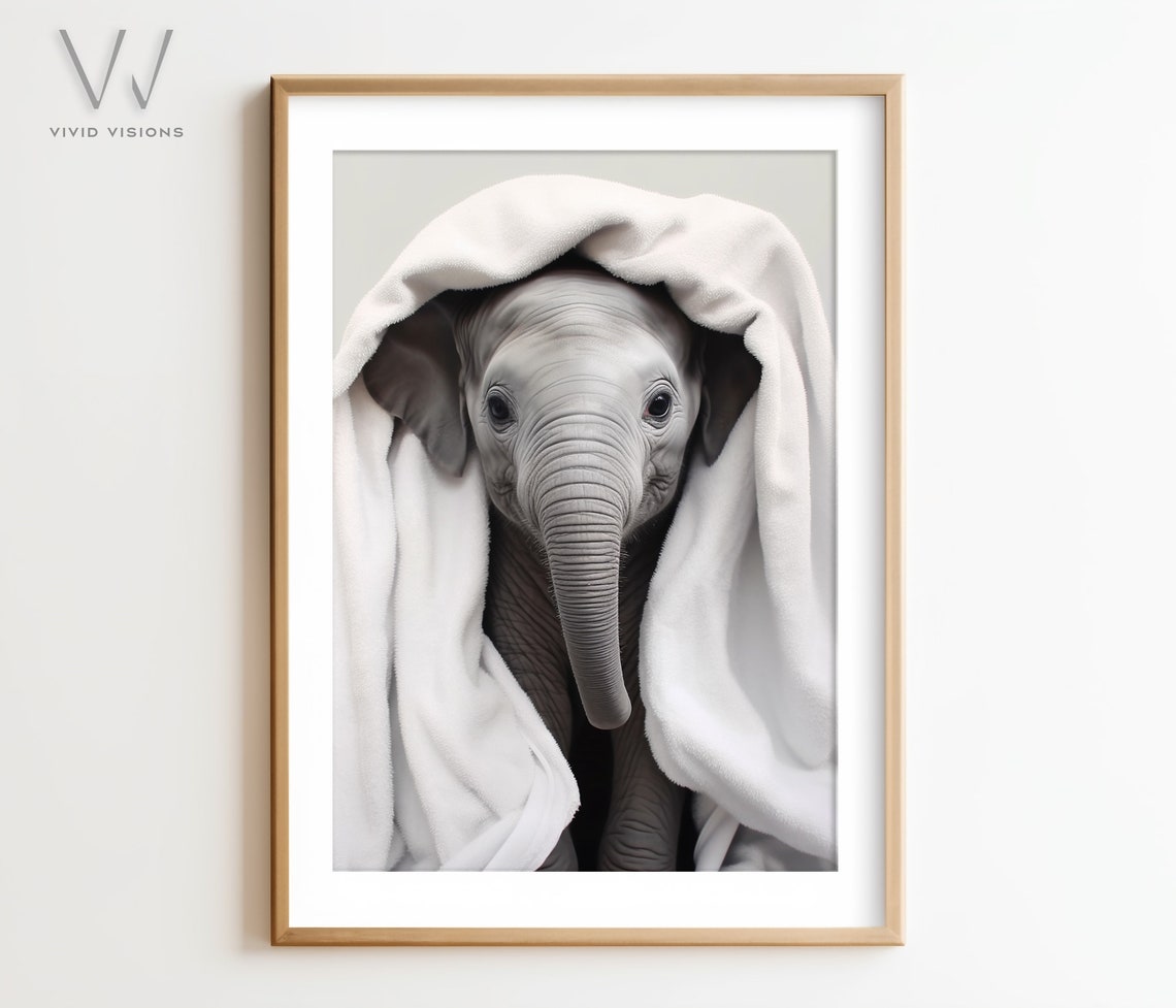 Adorable Baby Elephant Wrapped in a Fluffy White Towel Poster