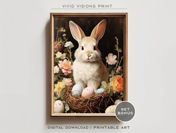 Easter Bunny with Pastel Eggs in a Nest Vintage Floral Poster