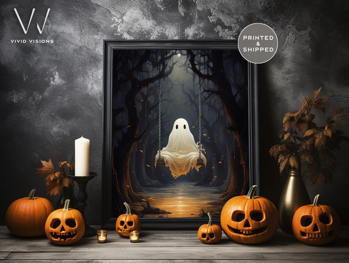 Cute Ghost On A Swing In A Spooky Moonlit Forest Halloween Poster Art - Image 3