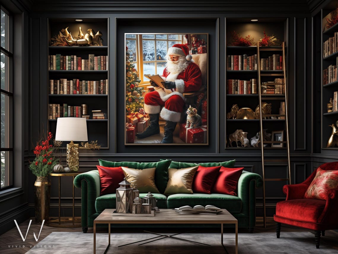 Santa Claus Reading by Christmas Tree with Kitten Warm Holiday Poster - Image 3