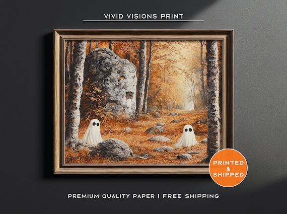 Two Playful Ghosts in Autumn Forest Cute Spooky Fall Halloween Poster