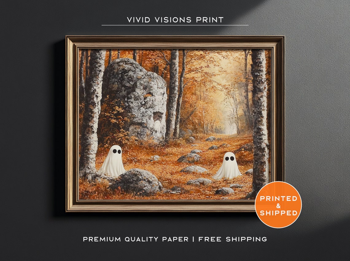 Two Playful Ghosts in Autumn Forest Cute Spooky Fall Halloween Poster