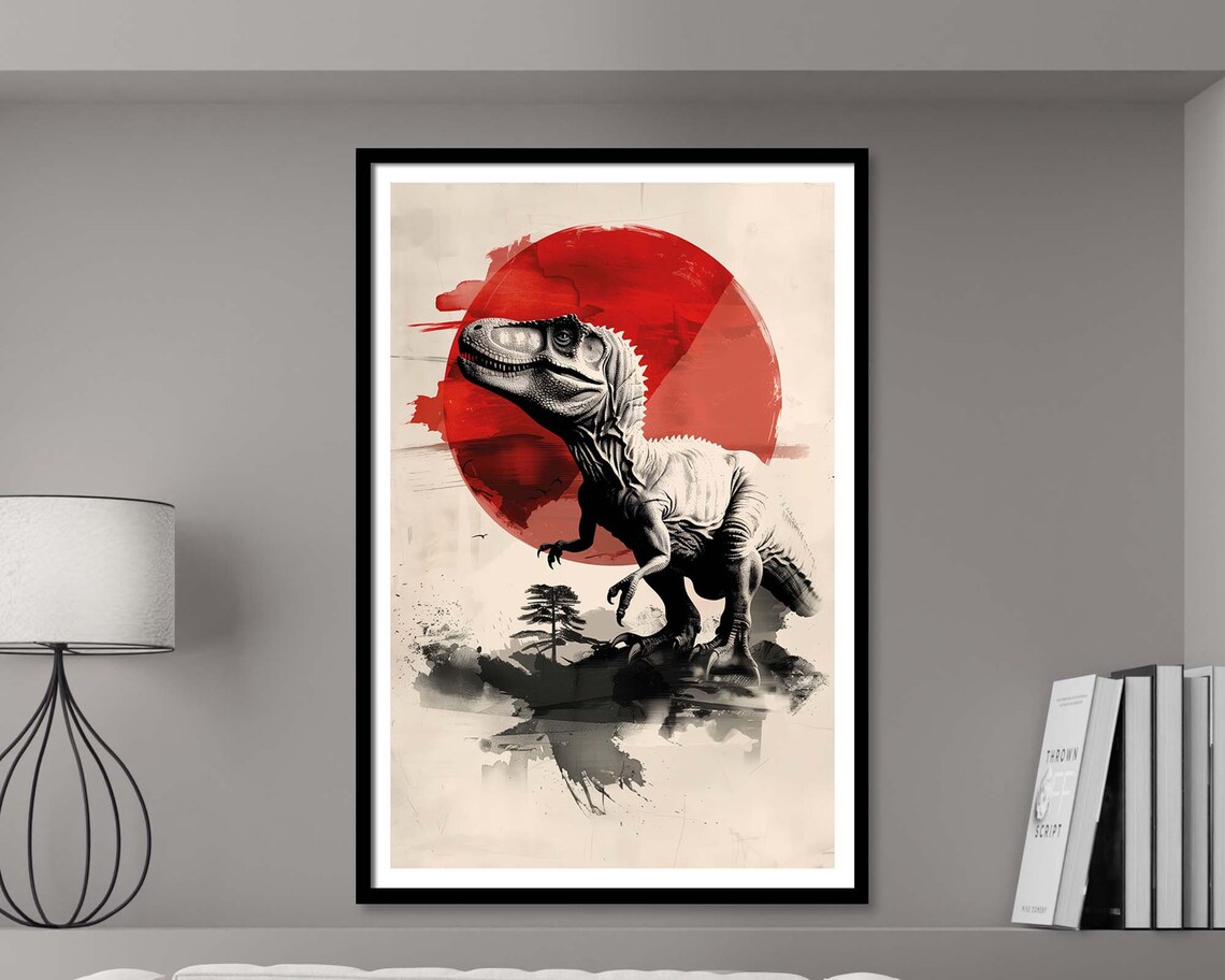 Tyrannosaurus Rex Rising Red Sun Ink Wash Japanese Style Dino Poster