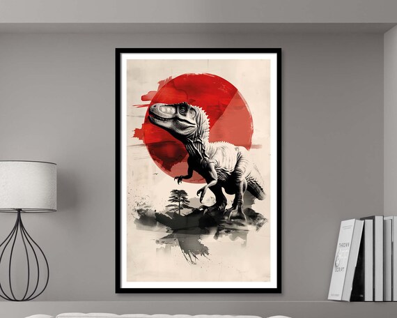 Tyrannosaurus Rex Rising Red Sun Ink Wash Japanese Style Dino Poster