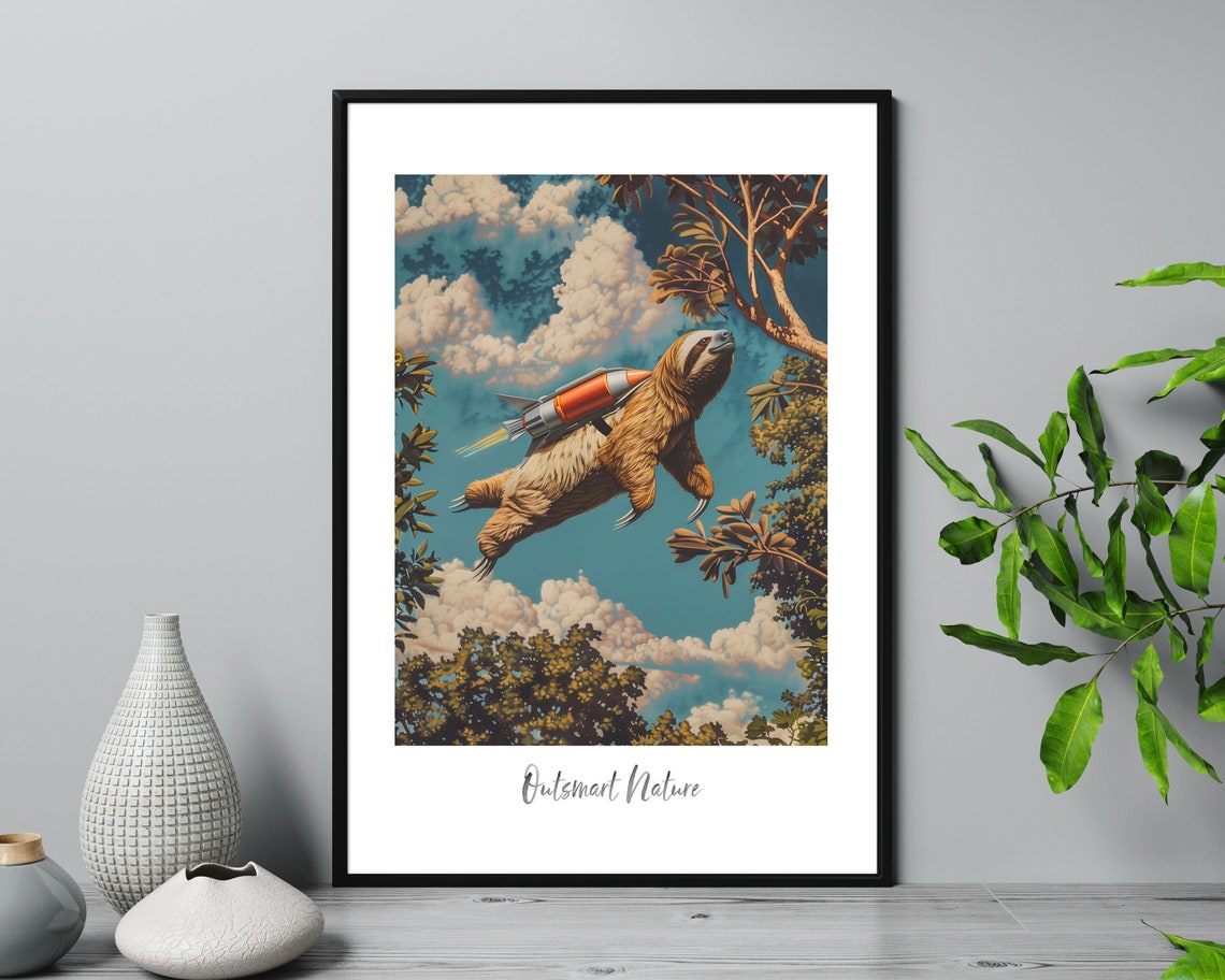 Sloth Flying With Jetpack Outsmart Nature Vintage Art Poster - Image 3