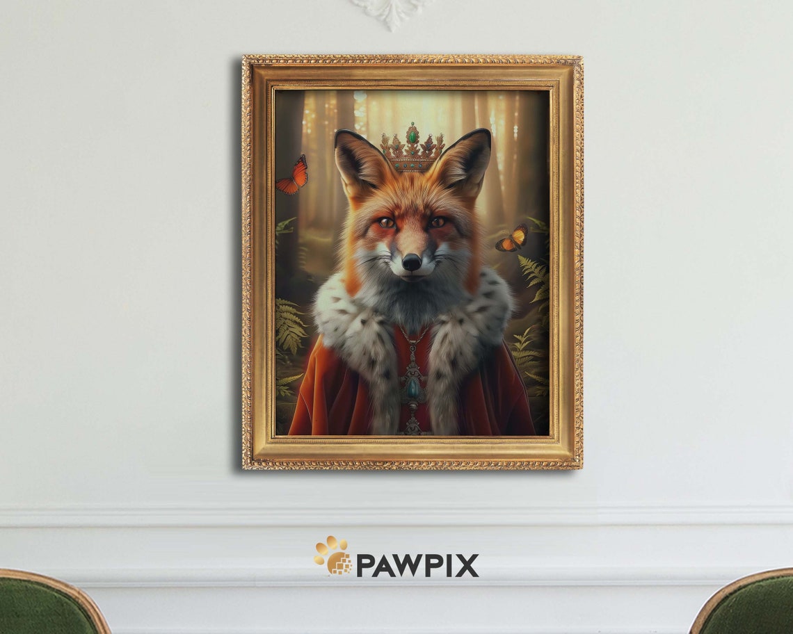 Royal Fox Portrait Crowned Red Robe Forest Butterflies Regal Poster