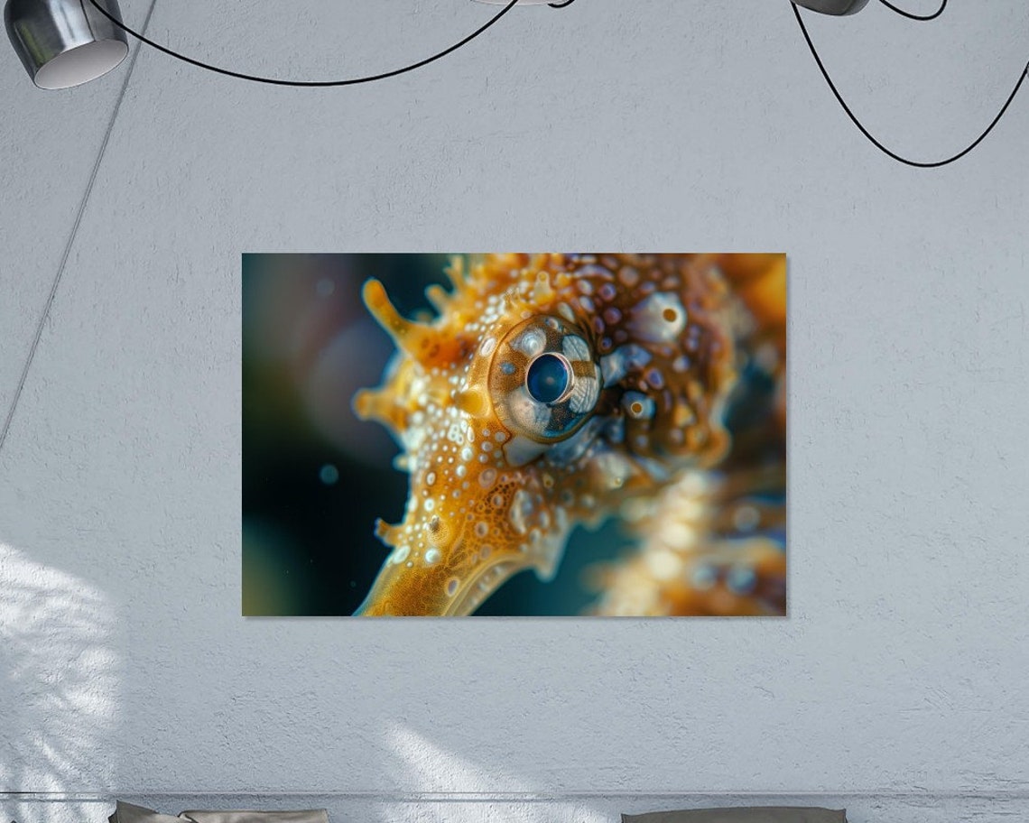Golden Seahorse Face Macro Detailed Eye Vibrant Ocean Life Art Poster - Image 3