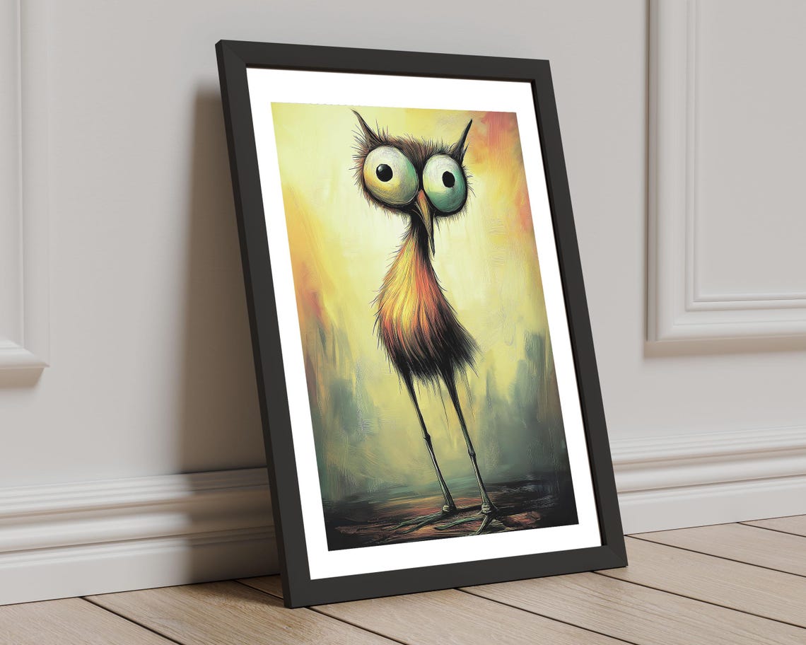Quirky Big Eyed Bird Whimsical Yellow Painting Funny Animal Poster - Image 8