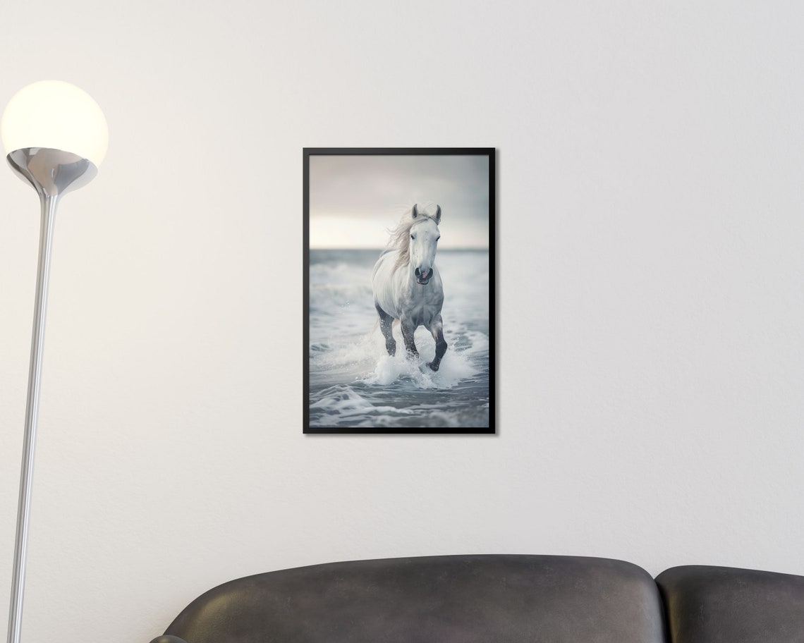White Horse Galloping Through Ocean Waves Coastal Photo Art Poster - Image 2