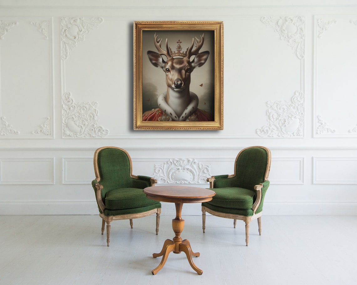 Royal Deer Portrait Crown Regal Red Robes Oil Painting Art Poster - Image 4