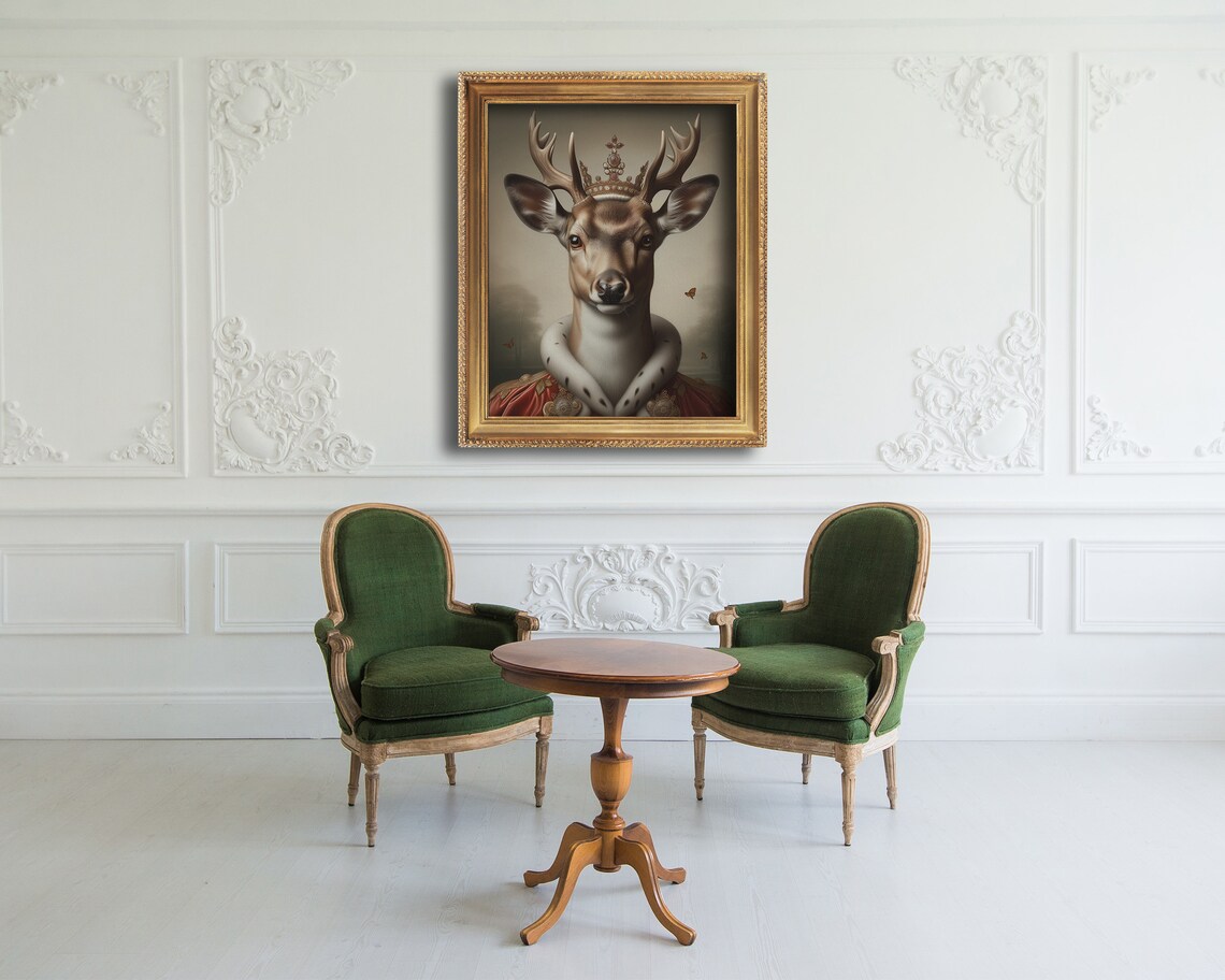 Royal Deer Portrait With Crown Regal Red Robes Oil Painting Style Poster - Image 4