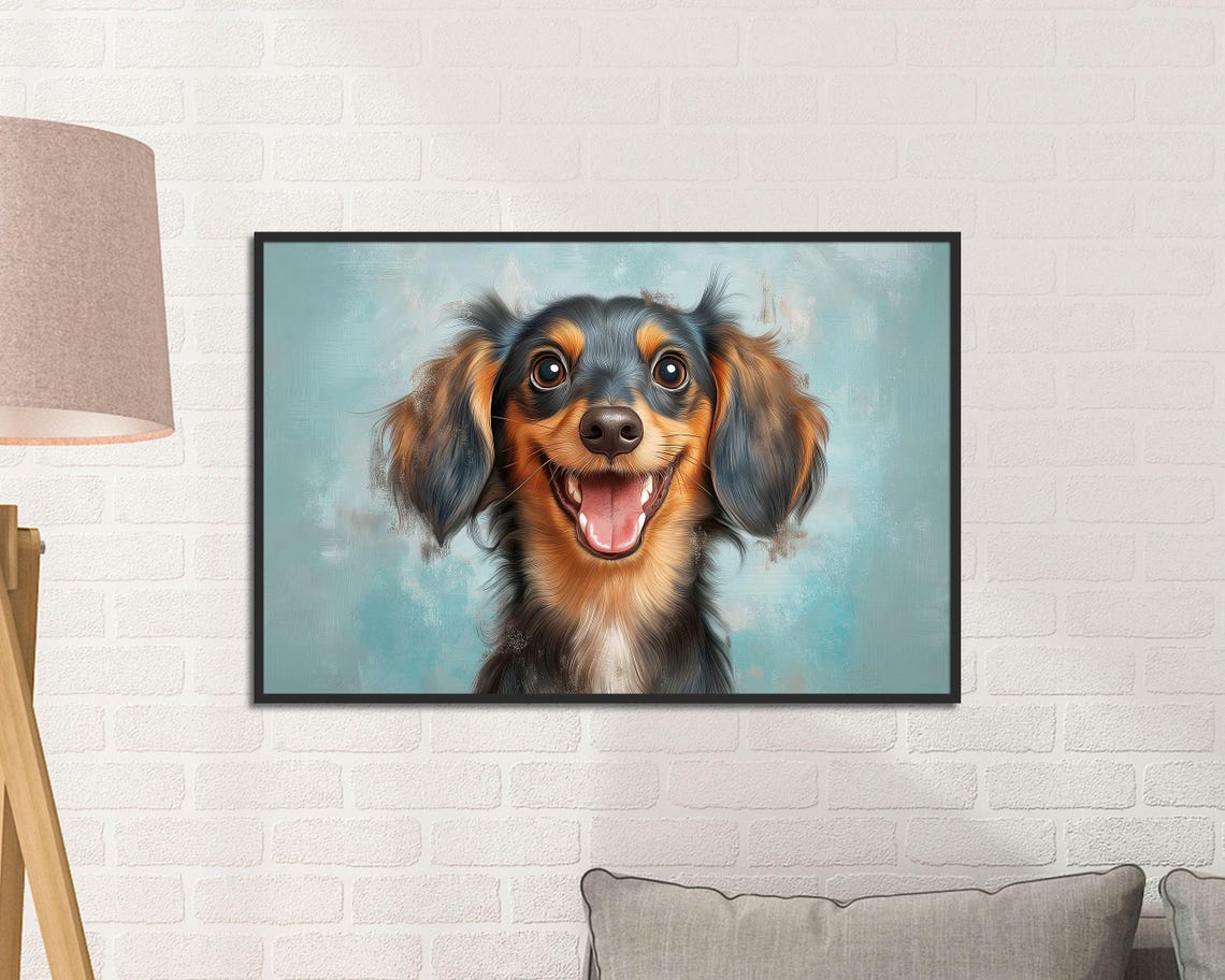 Funny Grinning Long Haired Dachshund Face Blue Pet Portrait Poster
