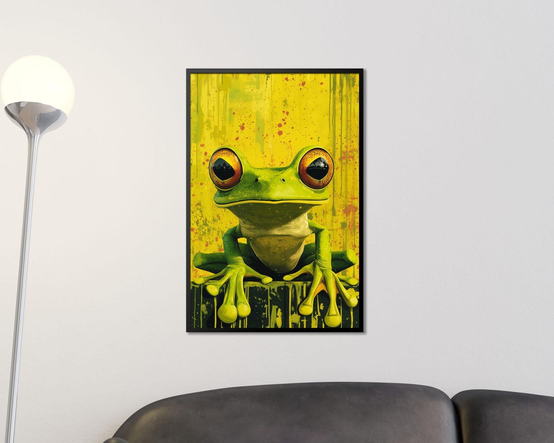 Lime Green Tree Frog Pop Art Style Bright Yellow Splatter Wall Art - Image 3