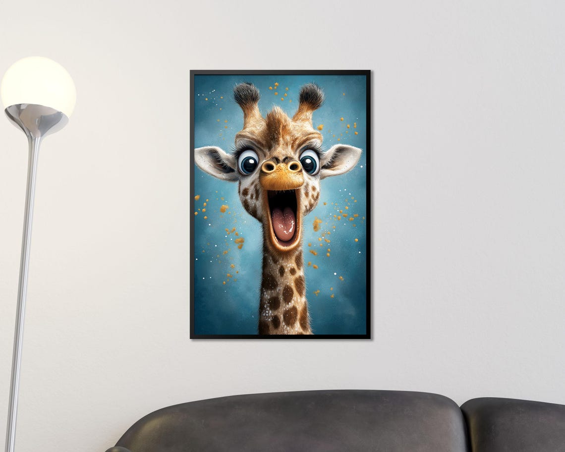 Funny Baby Giraffe Cartoon Big Eyes Blue Nursery Kids Room Art Poster - Image 2
