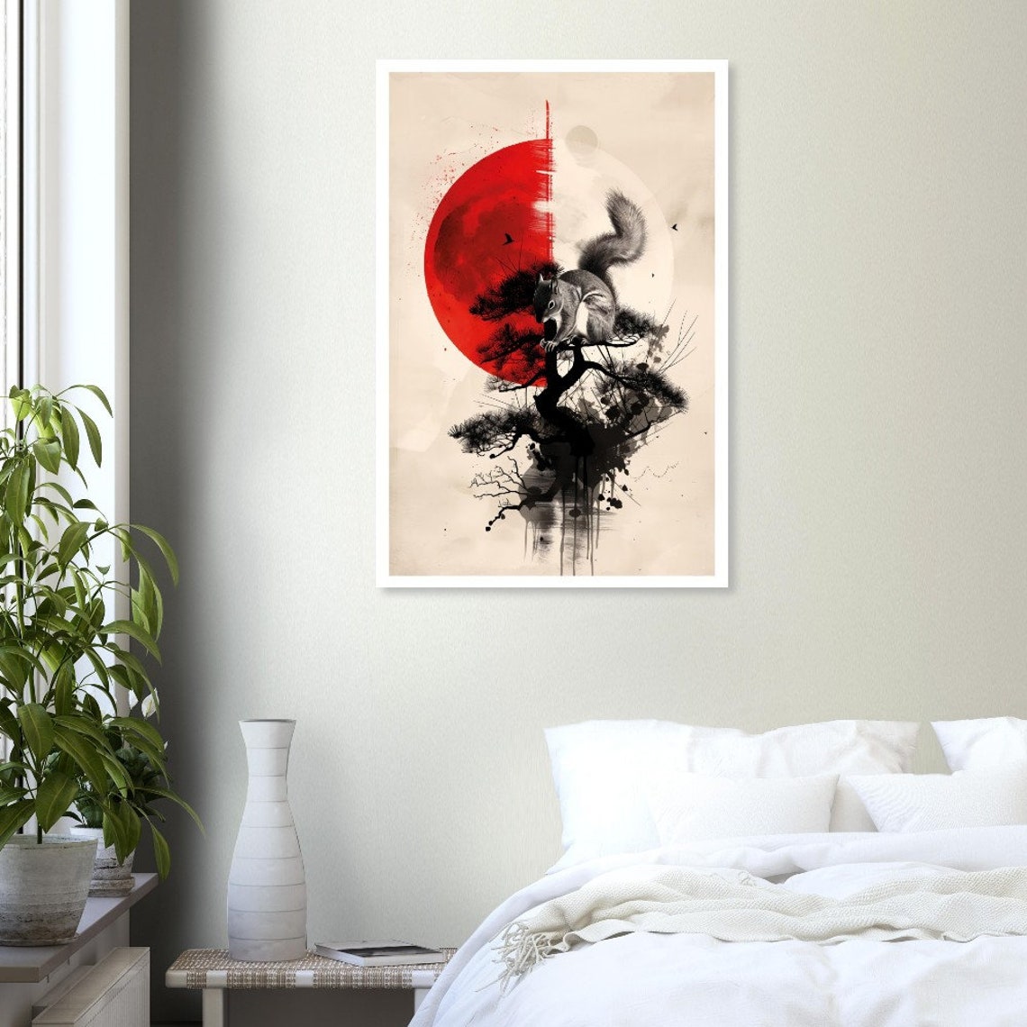 Squirrel Red Sun Pine Tree Ink Wash Japanese Style Wildlife Art Poster - Image 2