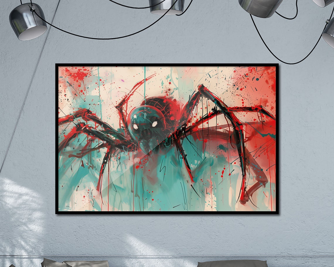 Spider Dramatic Red Teal Abstract Arachnid Close Up Wall Art Poster
