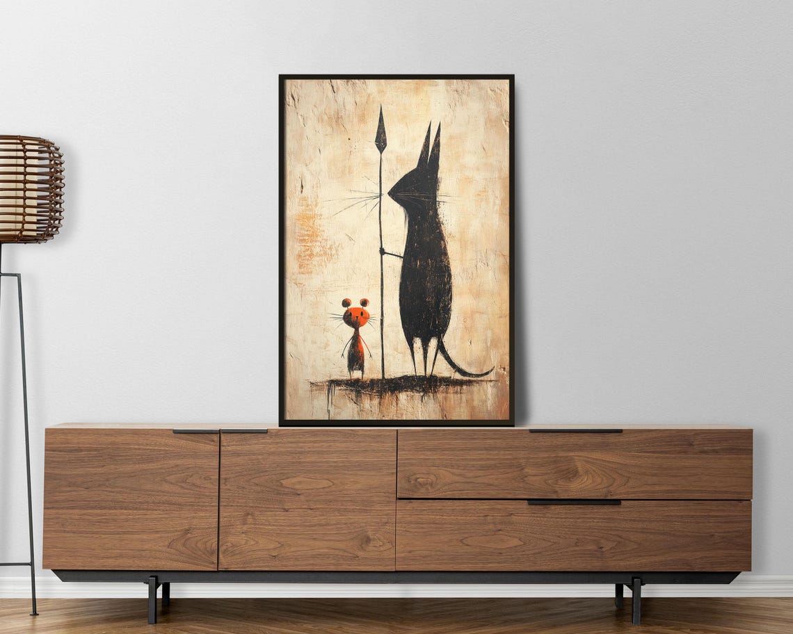 Primitive Cat And Mouse Cave Painting Rustic Minimal Art Poster