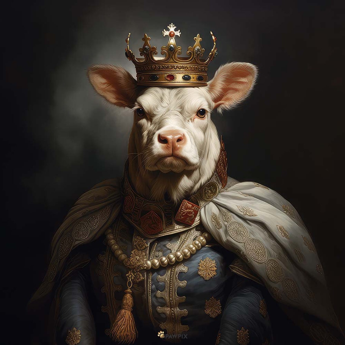 King Cow Wearing Crown Pearl Necklace Royal Portrait Farm Poster - Image 4