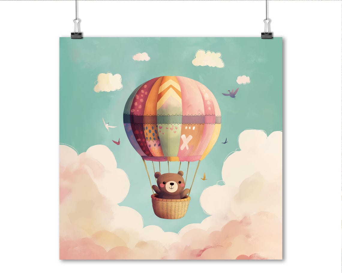 Cute Bear Cub In Hot Air Balloon Pastel Clouds Nursery Art Poster - Image 5