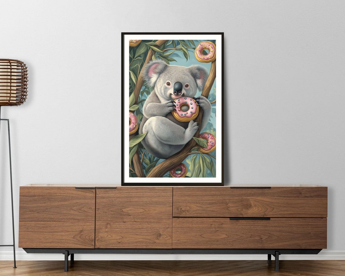 Cute Koala Eating Pink Donut In Tree Whimsical Sweet Art Poster - Image 4