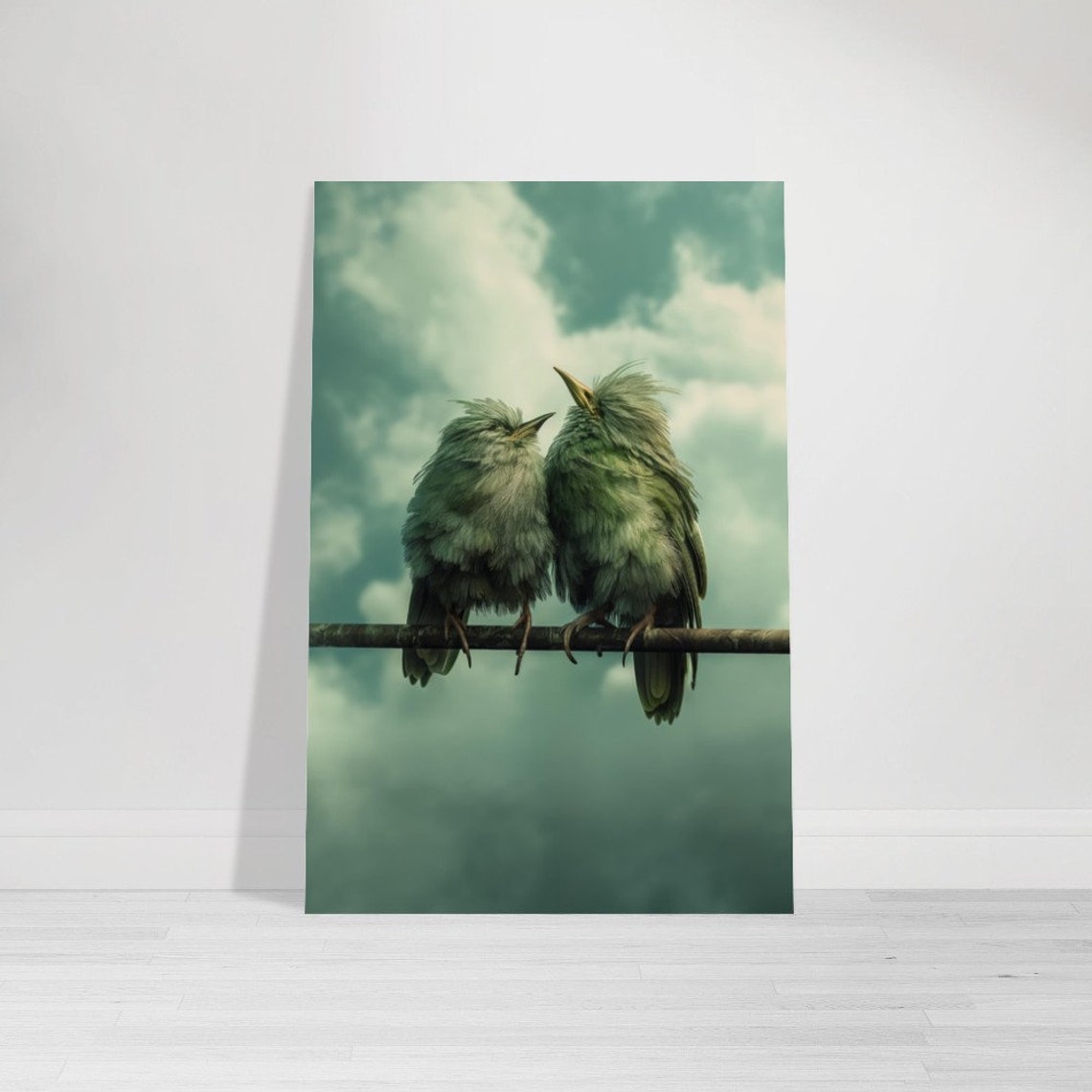 Fluffy Bird Pair Teal Clouds Dreamy Serene Nature Bird Wall Art - Image 2