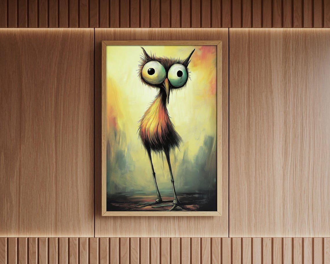 Quirky Big Eyed Bird Whimsical Yellow Painting Funny Animal Poster - Image 7