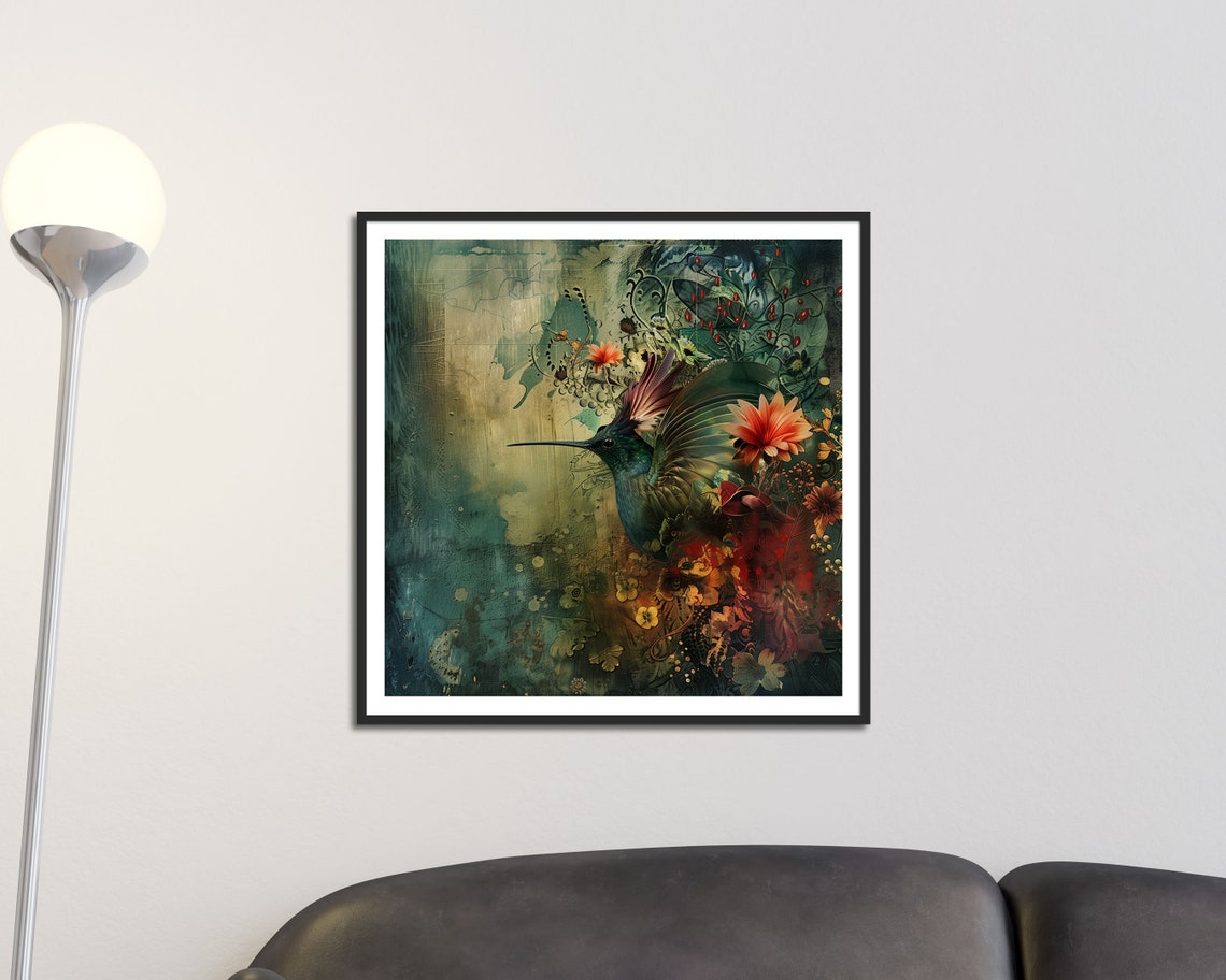 Bohemian Hummingbird Among Flowers Painterly Bird Wall Art Print - Image 2
