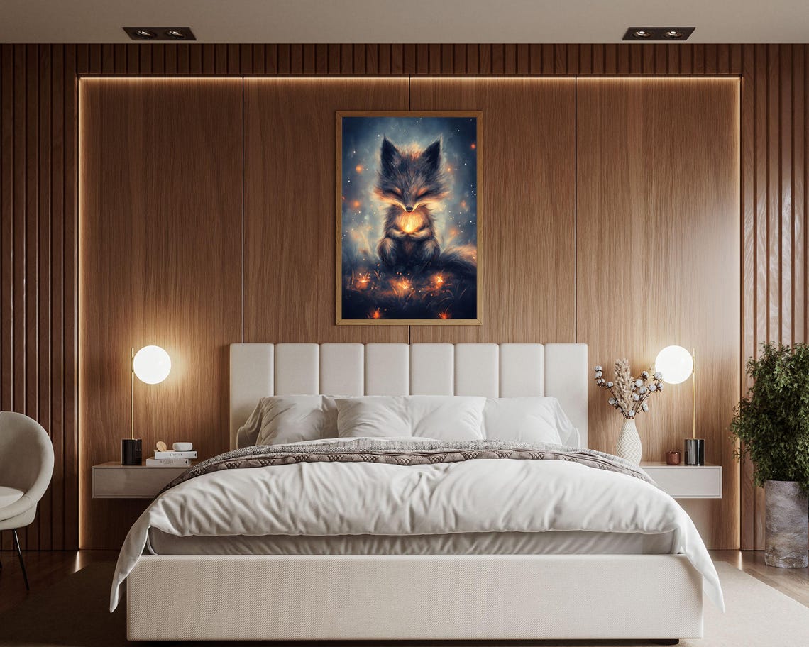 Mystical Fox Cub With Glowing Heart Light Magical Night Art Poster - Image 2