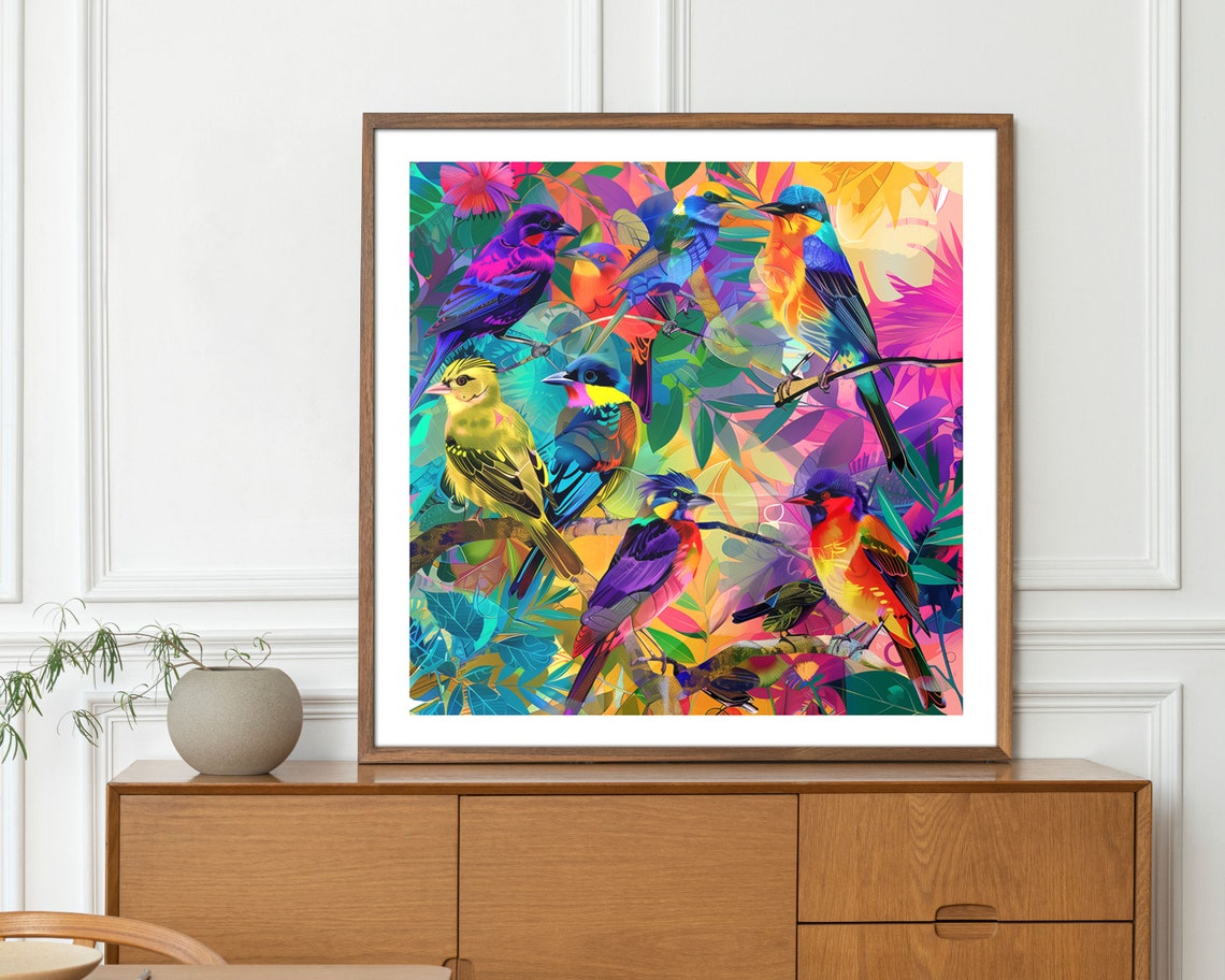 Colorful Tropical Birds In Jungle Foliage Abstract Wall Art Poster