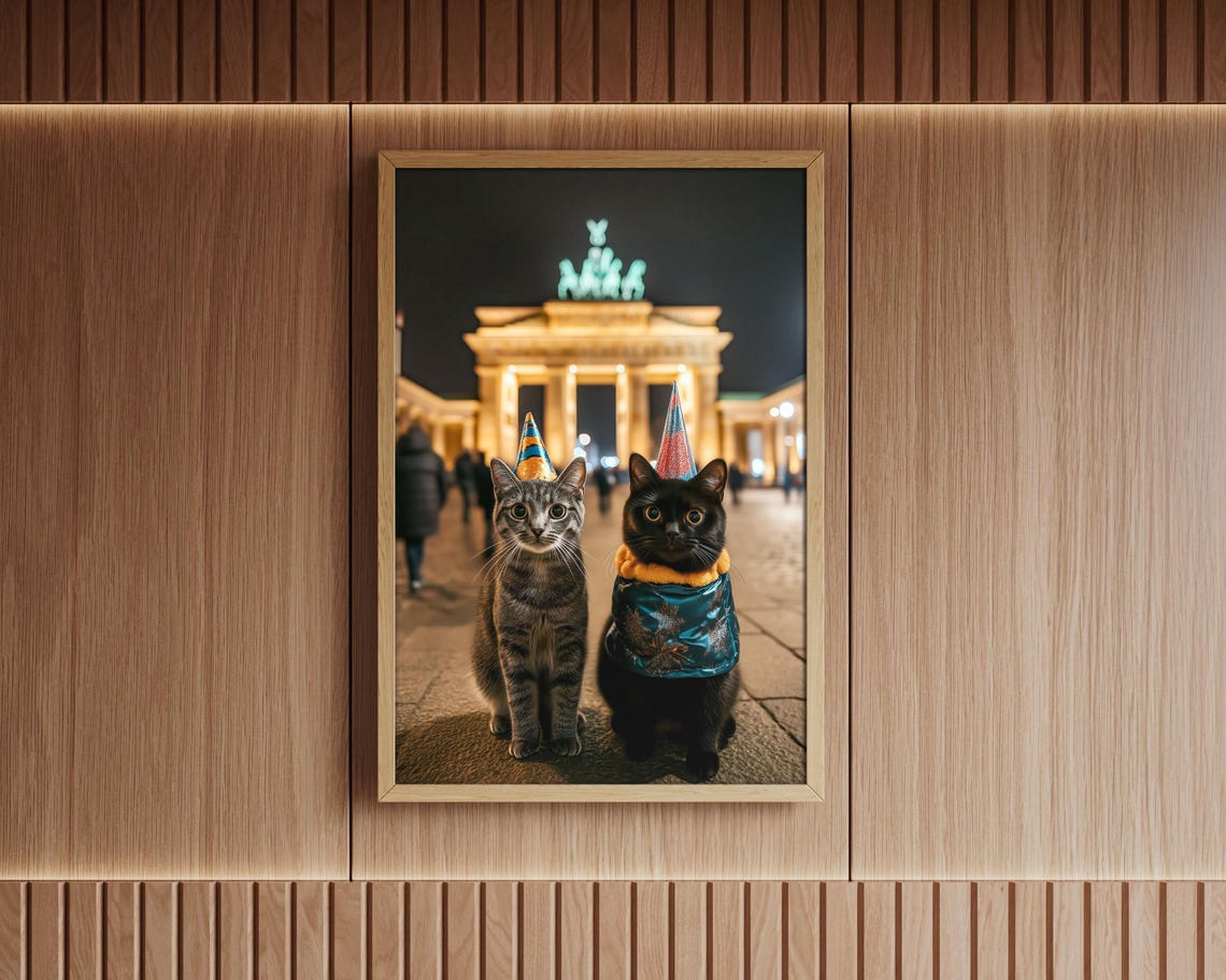 Two Party Cats Brandenburg Gate Berlin Night Celebration Wall Art - Image 5