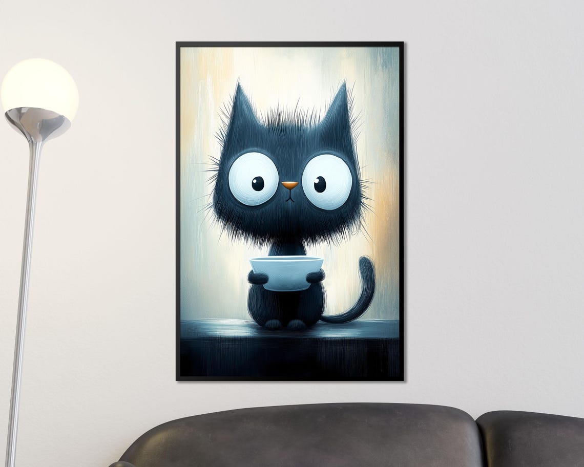 Funny Hungry Black Cat Holding Empty Bowl Begging Kitchen Wall Art - Image 4
