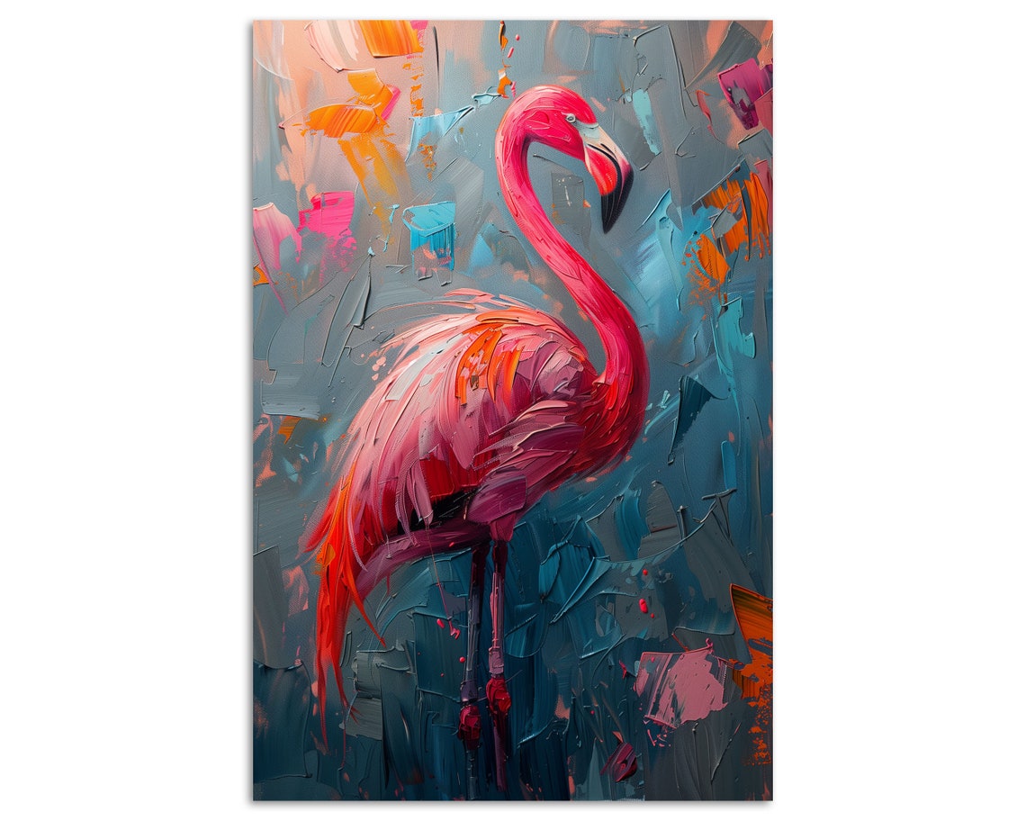 Pink Flamingo Thick Impasto Oil Painting on Teal Abstract Art Print - Image 5