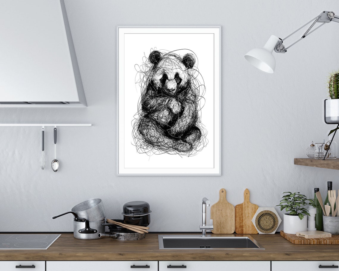 Sitting Giant Panda Scribble Art Black And White Line Drawing Print - Image 5