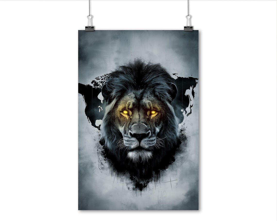 Majestic Lion With Glowing Golden Eyes Dark Dramatic Art Poster - Image 5
